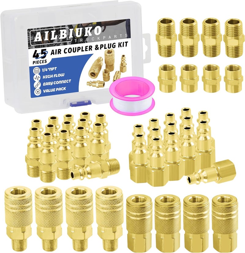 Ailbiuko Air Coupler & Plug Kit,45 Pcs 1/4" NPT Air Tool Fittings Set,Quick Connect Air Hose Fittings Air Compressor Accessories - Image 1